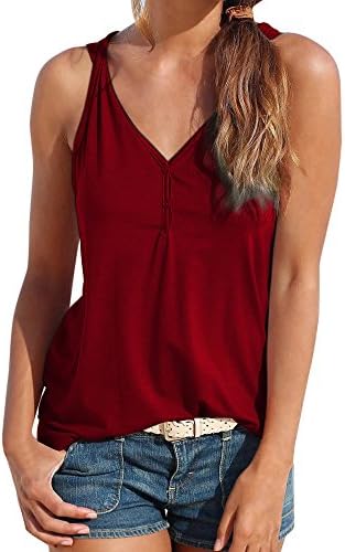 Womens V Neck Tank Tops SADUORHAPPY Solid Color Sleeveless Henley Shirts Button Up Casual Tunic Tees