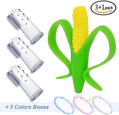 Daystyle 3 PCS Safety Finger Toothbrushes with Case and 1 PC Soft Corn Cob Teethers Training Toothbrushes For babies ,Infants and Toddlers