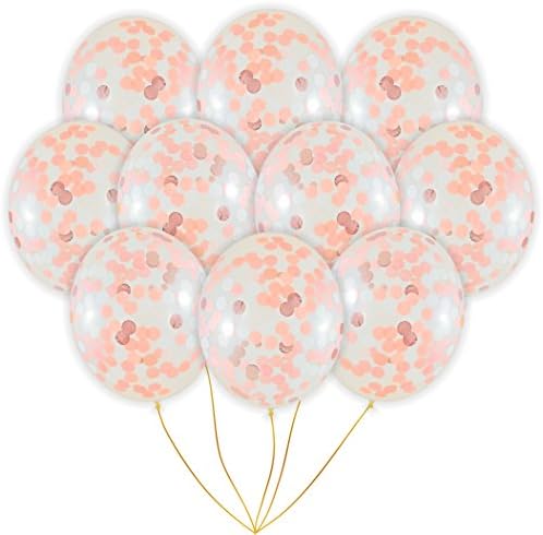Rose Gold Confetti Balloons | 10 Pack Large 18" Rose Gold Foil, Light Pink and White Paper Pre-Filled | Wedding Engagement Birthday Party Events