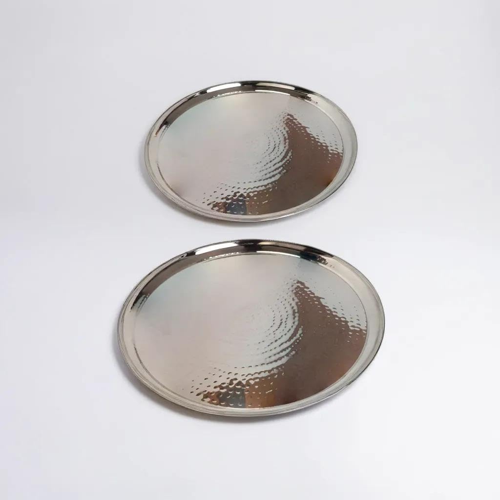 Photo 1 of LEATHERVINES Silver Hammered Serving Charger Plate Decorative Serving Tray Set of 2 (1 Piece-16 and 1 Piece-12)