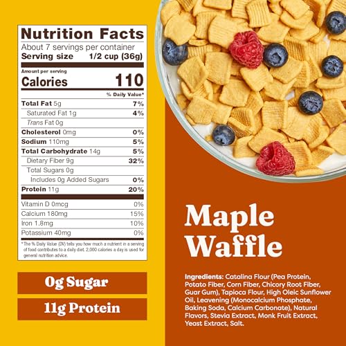 CATALINA CRUNCH PROTEIN CEREAL – SUGAR FREE BREAKFAST CEREAL WITH 11G OF PROTEIN – GLUTEN FREE – MAPLE WAFFLE – 9 OZ. BAG (PACK OF 1) (PACKAGING MAY VARY)