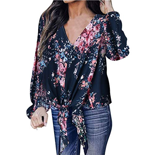 Womens Floral V Neck Tie Knot Front Blouses Bat Wing Short Sleeve Chiffon Tops Shirts Navy