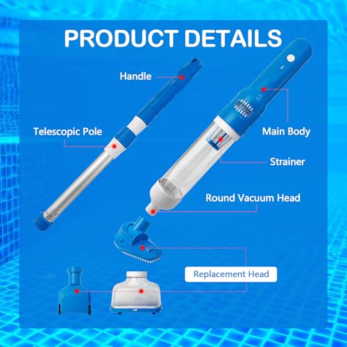 Pool Vacuum Cleaner with Battery, 3 in 1 Portable Pool Vacuum with Telescopic Handle, Wireless Pool Vacuum for Small Pools, Spas, Hot Tubs