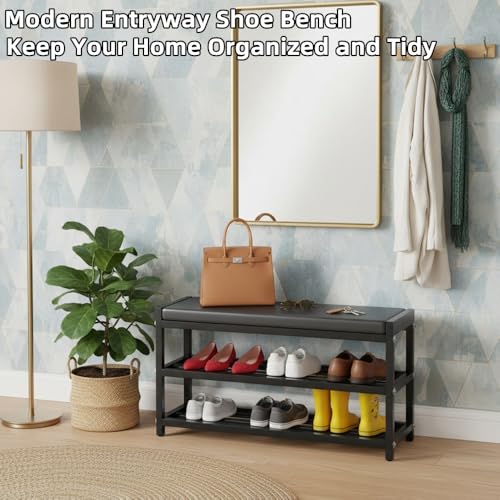 Beauenty Shoe Rack with Seat,2-Tier Shoe Rack Bench with Leather Cushion, Durable Steel Frame Shoe Stool Rack Shelf for Entryway Bedroom Living Room Balcony (90x25x41cm)