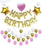 PINK AND GOLD BIRTHDAY DECORATIONS - Elegant Design Happy Birthday Balloons Letter, Gold Pink and White Ballons, Gold Pink Star and Heart Balloon, Cute Birthday Party Supplies, Free Party Planner