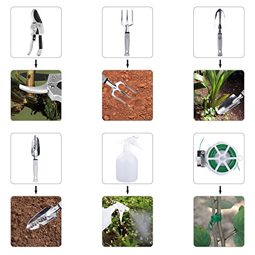 NOUVCOO Upgraded Garden Tool Set with Plant Ties,10 Pieces Stainless Steel Hand Tool Kit,Durable Storage Tote Bag,Pruner,Shovel,Fork,Rake,Shears,Weeder,Gloves,Water Sprayer,Plant Ties NC24