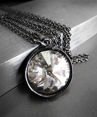 Full Moon Silver Crystal Necklace with Swarovski Crystal, Gothic Black Gunmetal Chain