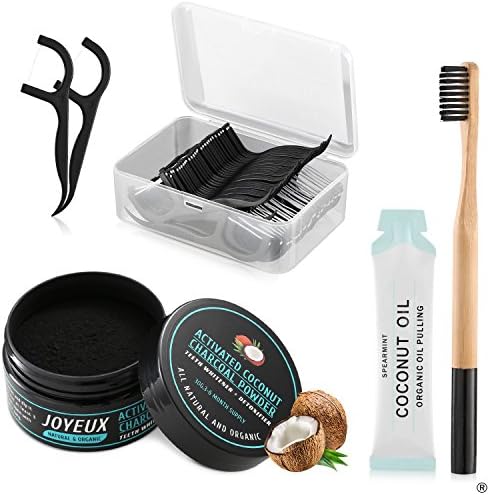 Ultimate Teeth Whitening Kit, All Natural Activated Coconut Charcoal Teeth Whitening Powder (30g) + Bamboo Toothbrush + Dual-purpose Dental Floss Picks (45 PCS) + Coconut Oil Pulling (1 PCS) for Brigh
