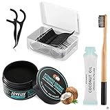 Ultimate Teeth Whitening Kit, All Natural Activated Coconut Charcoal Teeth Whitening Powder (30g) + Bamboo Toothbrush + Dual-purpose Dental Floss Picks (45 PCS) + Coconut Oil Pulling (1 PCS) for Brigh