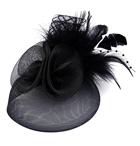 Anleolife Black Fashion Feathers Hair Clip Fascinator Cocktail Kentucky Derby Hat With Mesh Loops, Beaded For Women