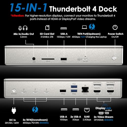 WAVLINK Thunderbolt 4 Docking Station 15-in-1, 96W PD, Single 8K/Quad 4K Display Docking Station with 2 DP/2 HDMI, 4 Thunderbolt 4 Ports, 4 x USB A, 2.5 GbE, SD, Audio/Mic, Compatible with MacBook Pro