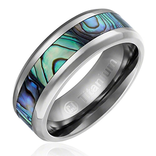 8MM Comfort Fit Titanium Wedding Band | Engagement Ring with Abalone Shell Inlay | Beveled Edges [Size 10.5]