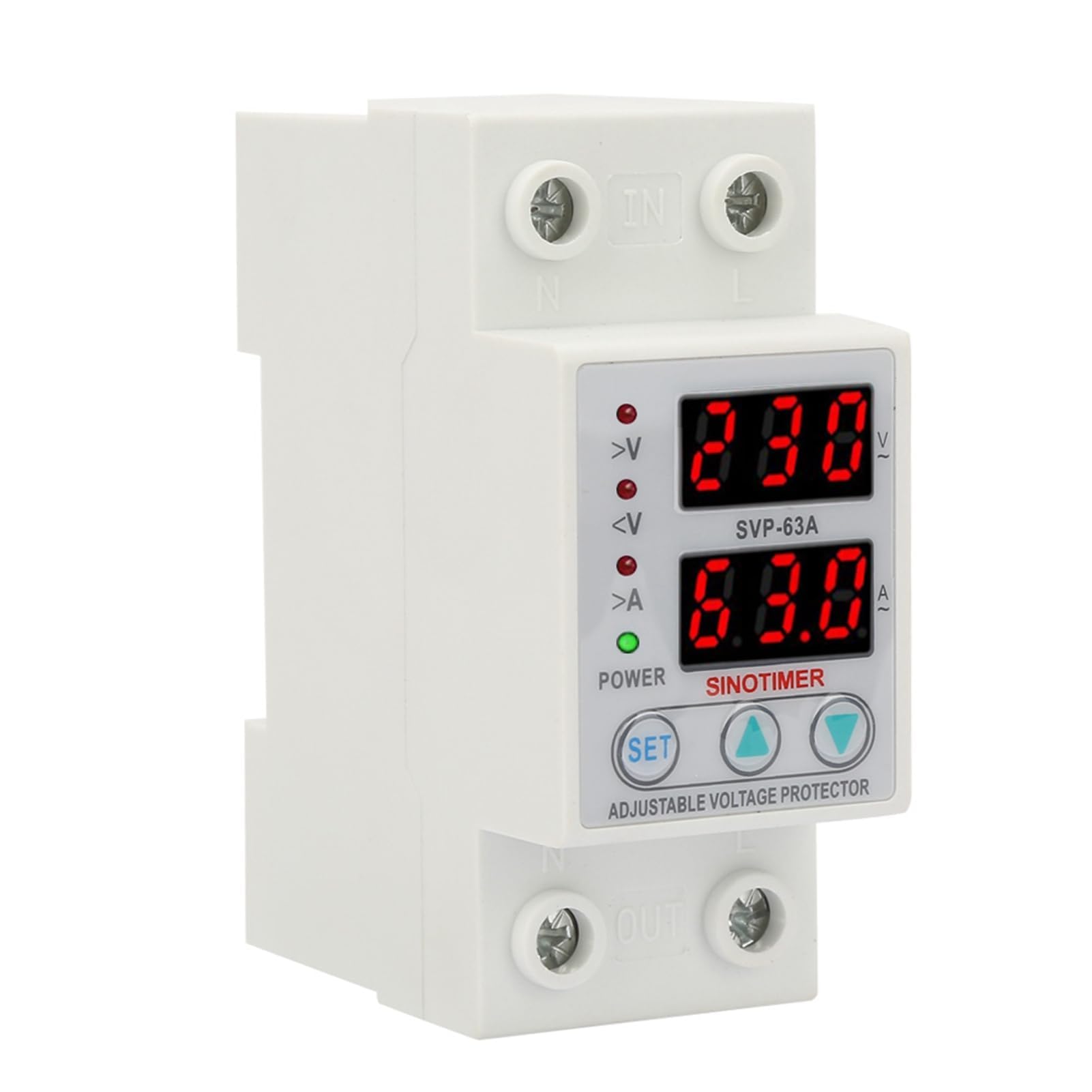 Voltage Current Protector Over/Under Voltage Protector AC230V 63A Double LED Display Single Phase DIN Rail Installation