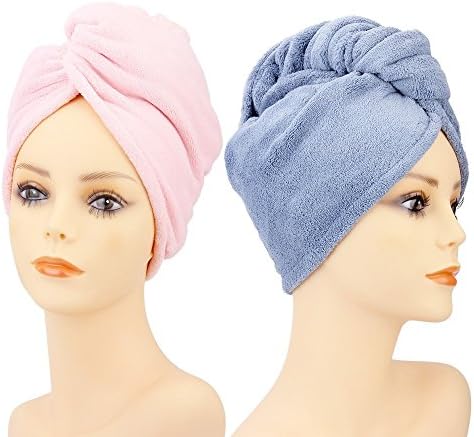 SABUY Microfiber Hair Towel Wrap Turban With the Semiarc Design and 2 Secure Wooden Botton for Women and Kids, 2 Pack, Blue and Pink, 26.8 X 10.6 Inches