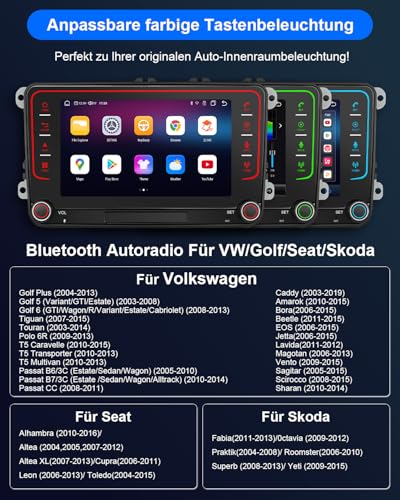 Car Radio with Screen for VW Golf 5 6 T5 Passat Polo 6R Tiguan Seat Skoda, 7 Inch VW Caddy Radio 2Din with Apple CarPlay Android Car Mirrorlink DAB+ Navi Bluetooth WLAN Canbus GPS 8-Core 4+64GB