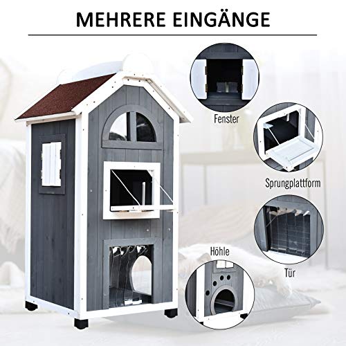 PawHut Katzenhaus für DrauÃen 2-stöckiges Katzenhaus aus Tannenholz, wetterfest Katzenhütte mit Asphaltdach, Blau, 59 x 55 x 109 cm – Bild 4