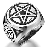 INBLUE Men's Stainless Steel Ring Silver Tone Black Pentacle Round Signet