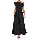 ZESICA Women's Summer 2026 Sleeveless Maxi Dress One Shoulder Casual Slim Swing Pleated Formal Dresses with Pockets