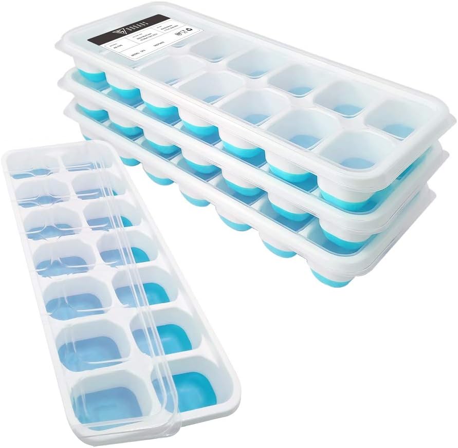 DOQAUS Ice Cube Trays 4 Pack, Easy-Release Silicone and Flexible 14-Ice Cube Trays with Spill-Resistant Removable Lid, LFGB Certified and BPA Free, for Whiskey, Cocktail, Stackable Flexible Ice Molds: Kitchen & Dining