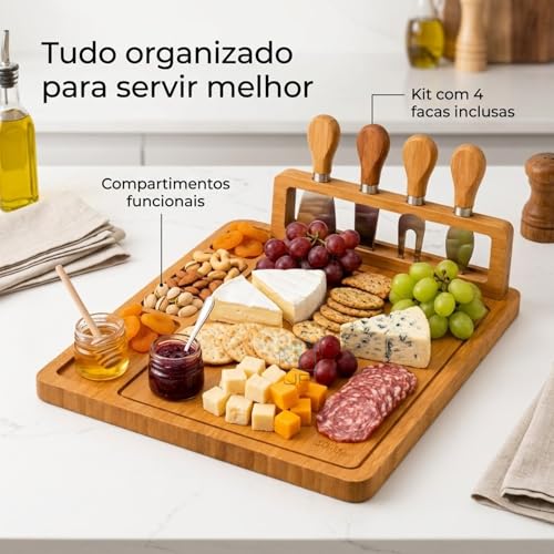 Tábua de Frios Petisqueira Bambu com Kit 4 Facas e Suporte | Tábua para Queijos Aperitivos e Servir | Bandeja Gourmet Premium 39x29cm