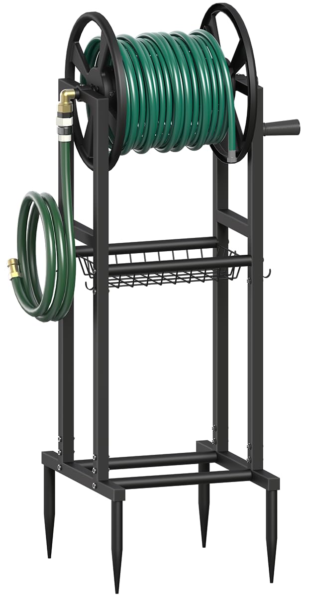 Photo 1 of Mokeyder Freestanding Garden Hose Reel holds 125ft Hose of 5/8" with 4 Hooks, 4-Spike Outdoor Hose Holder with 3.9ft Leader Hose & Brass Fitting, Detachable Metal Hose Stand with Storage Rack, Black