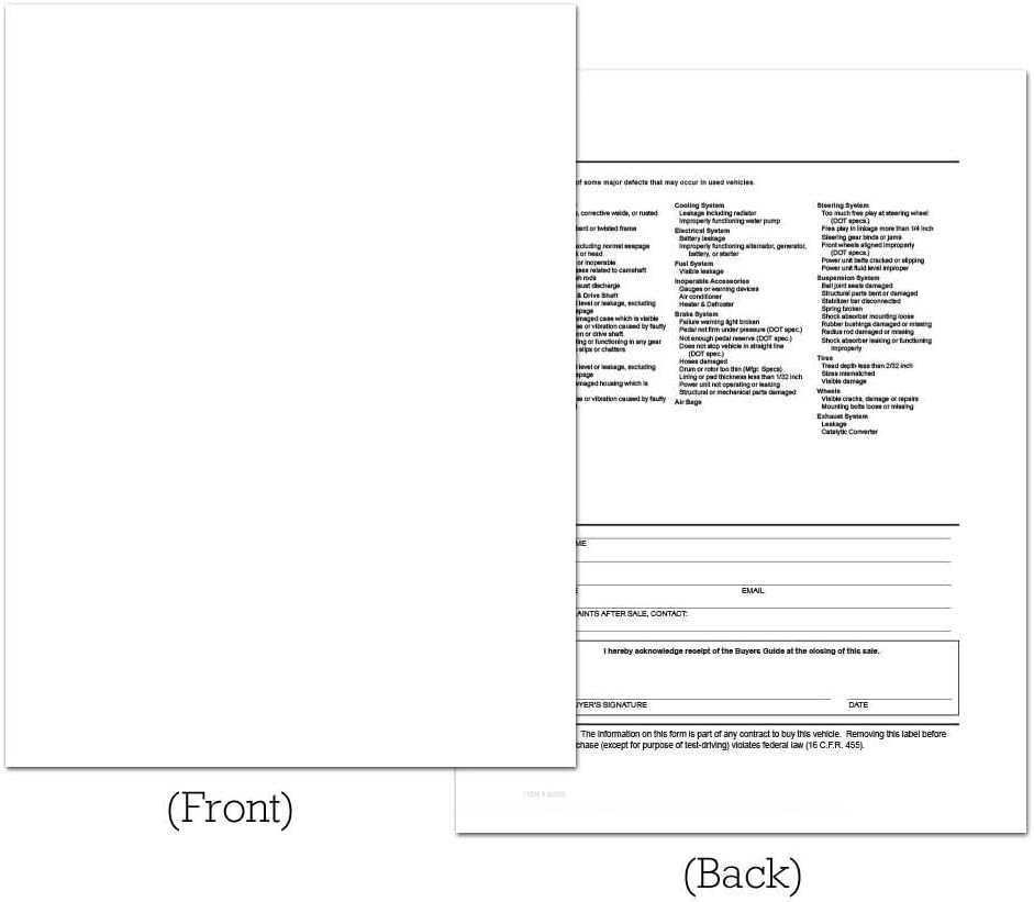 1-Part Self-Adhesive Buyers Guide Form - Blank Front - Text on Back - Letter Size Paper (100 per Pack)