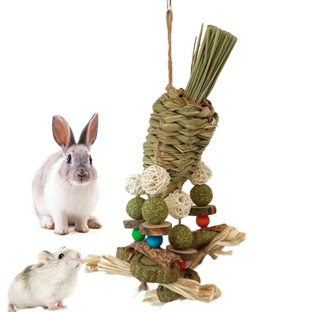 CAMITER Cage Hanging Hamster Chew Toys, Natural Bunny Boredom Breaker Treats Rattan Ring with Snacks Grass Ball Hanging Toy Carrot for Bunnies Chinchilla,Guinea Pig,Hamster,Parrot
