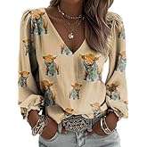 Women's Boho V-Neck Long Sleeve Blouse Top with Ethnic,Floral,Paisley and Embroidery Prints for Casual Everyday Style