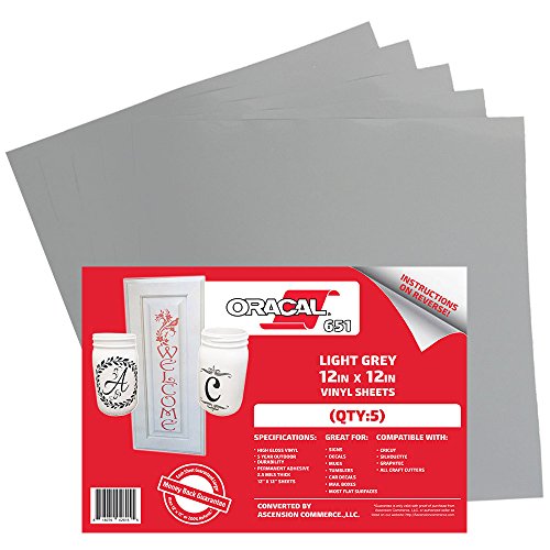 (5 Sheets) Oracal 651 Light Grey Adhesive Craft Vinyl for Cricut, Silhouette, Cameo, Craft Cutters, Printers, and Decals - 12" x 12" - Gloss Finish - Outdoor and Permanent