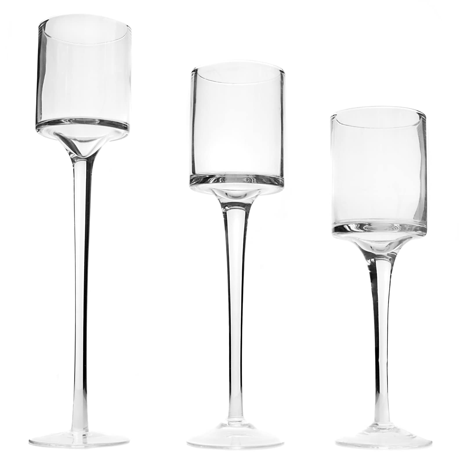 M&W Set of 3 Glass Tea Light Candle Holders – Elegant Tall Design for Home Decor, Wedding Table Settings, Parties & Gifts – Stylish Display Set