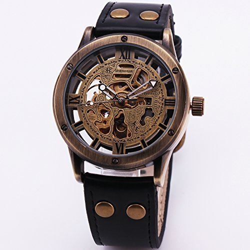 SHENHUA Delicate Classic Men's Mechanical Wrist Watch Leather Strap Retro Printed Dial Roman Number