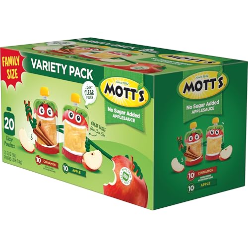MOTT’S NO SUGAR ADDED APPLESAUCE VARIETY PACK, CINNAMON AND APPLE, MADE FROM REAL FRUIT, NO ARTIFICIAL FLAVORS, 3.2 OZ CLEAR POUCHES, 20 PACK