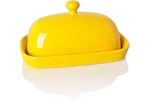 Sweejar Ceramic Butter Dish with Lid for Countertop,Porcelain Butter Keeper with Knob Handle,Butter Container for East/West Coast Butter, 7 inches (Yellow)