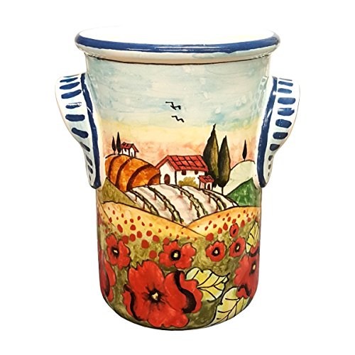 CERAMICHE D'ARTE PARRINI- Italian Ceramic Utensil Holder Vessel Hand Painted Made in ITALY Decorated Landscape Poppies Tuscan Art Pottery - Thumbnail 6