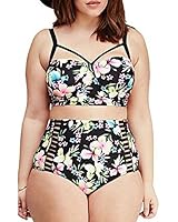 Lalagen Women's Strappy Hollow Out Floral Swimwear Plus Size High Waist Bikini Sets Black XL
