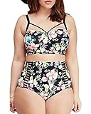 Lalagen Women's Strappy Hollow Out Floral Swimwear Plus Size High Waist Bikini Sets