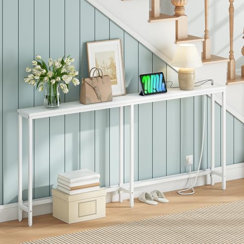 HOOBRO Narrow Console Table with Charging Station, 160 cm Behind Sofa Couch Table, Long Hallway Table, Slim Console Table for Hallway, Entryway, Living Room, White EWW165KXG01