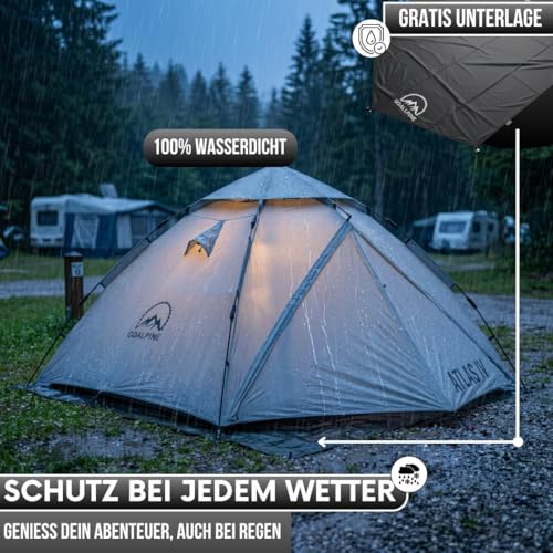 GOALPINE® Atlas IV Pop Up Tent for 2-4 Large People, 100% Waterproof, Set Up in 40 Seconds, 3-in-1 for Camping, Festival & Beach, Slightly Darkened Indoors