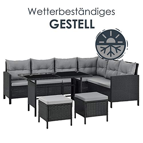Juskys Polyrattan Lounge Manacor mit Ecksofa, Esstisch, 2 Hocker & Kissen - wetterfest bis 7 Personen - Bezüge waschbar - Rattan Garten Sitzgruppe Gartenlounge Gartenmöbel Set - Schwarz/Grau – Bild 6