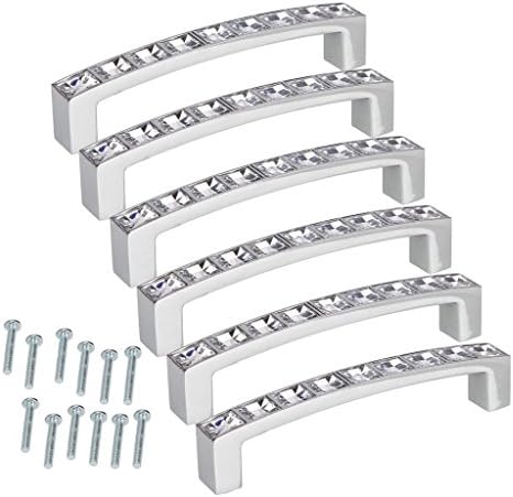 Vnfire Pack of 6 Europe Style Square Clear Crystal Rhinestone Furniture Door Wardrobe Cupboard Cabinet Drawer Pull Handle Kitchen Knobs 128mm