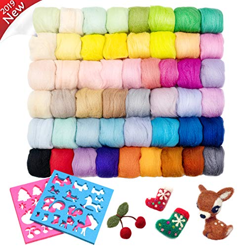 Jeteven Roving Wool 50 Colors Felting Fibre Set with 2 Beginner Mold Kit