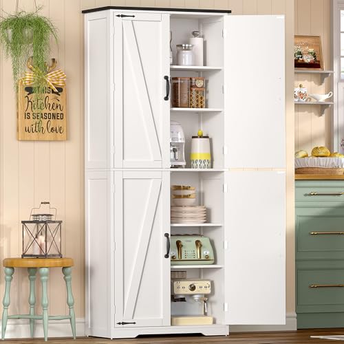 TEENFON 67" Kitchen Pantry Cabinet with 4 Doors, Farmhouse Pantry Cabinet with Adjustable Shelves, Storage Cabinet for Kitchen, Bathroom, White