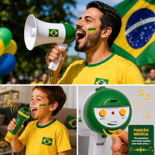 Kit Torcida Copa do Mundo com Mini Megafone + 2 Microfones | Som de Torcida Brasileira + Função Amplificador de Voz | Brinquedo para Festa, Jogos, Copa e Comemorações