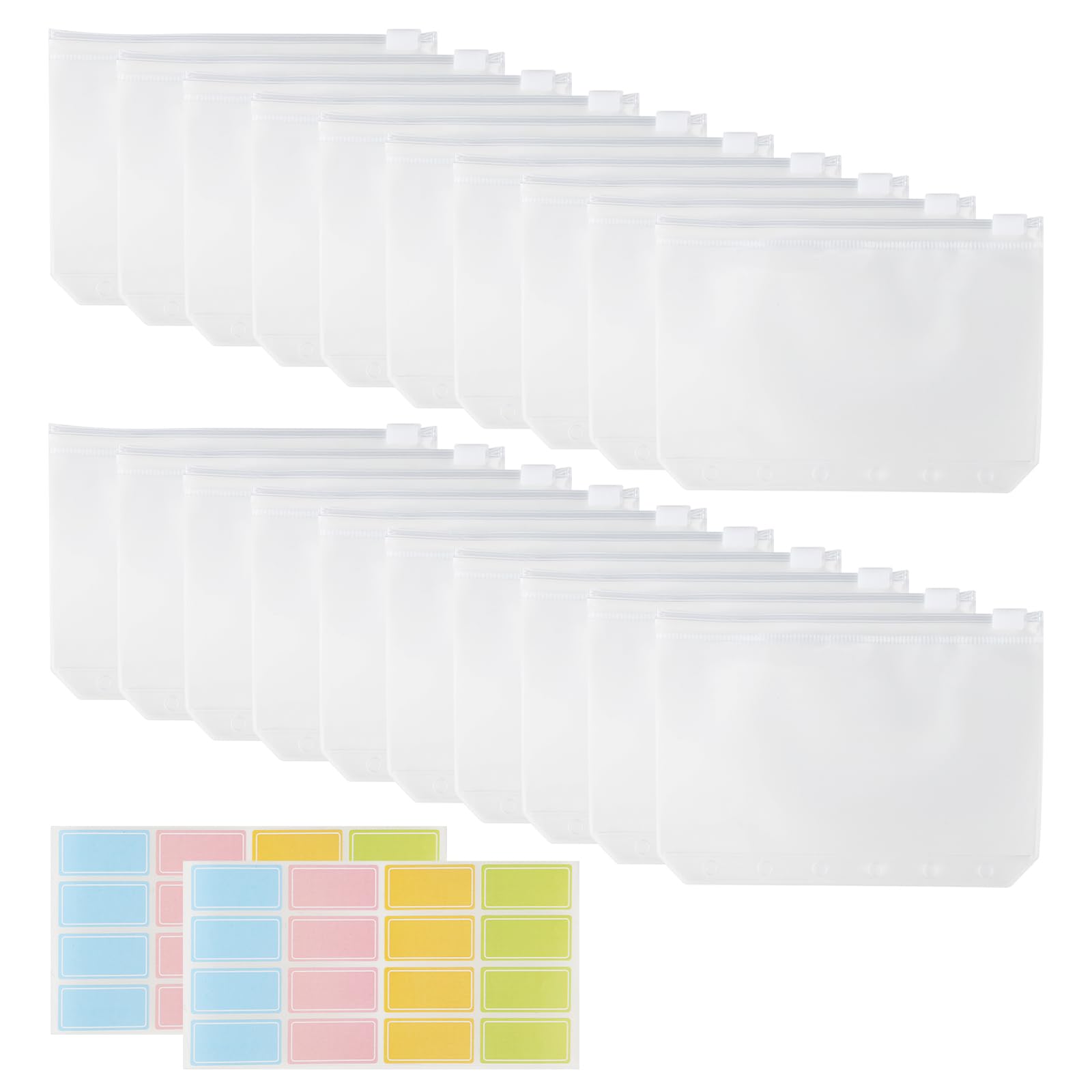 20 Pcs A7 Zipper Binder Pockets, 6 Holes Budget Binder Pockets, Plastic Waterproof Zipper Loose Leaf Bags with 32 Pcs Label Stickers for A7 Notebook Binder Planners, Document, Wallet
