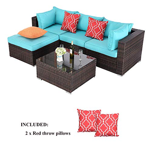 Do4U 5-Piece Patio Furniture Sets All-Weather Outdoor Sectional Sofa with Turquoise Cushion and Glass Table - Thumbnail 4