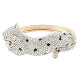EVER FAITH Women's Austrian Crystal Black Enamel Leopard Hinged Bangle Bracelet Clear Gold-Tone