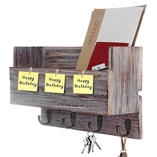 Halcent Wood Mail Holder Sorter with 4 Key Hook Holder, Wall Mail Organizer Hanging Letter Holder for Entryway Hallway Office Kitchen Mudroom