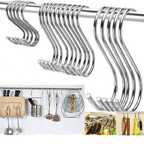 SUPERTOOL 5Pcs S Metal Hanging Hook, S Shape, Metal, Stainless Steel, Large Size for Closet Kitchen Bedroom Garage