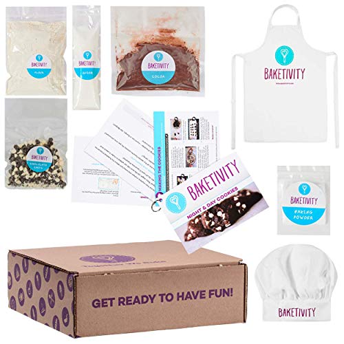 Baketivity Kids Baking DIY Activity Kit - Bake Delicious Chocolate Chunk Cookies with Pre-Measured Ingredients – Best Gift Idea for Boys and Girls Ages 6-12 – Includes Free Hat and Apron