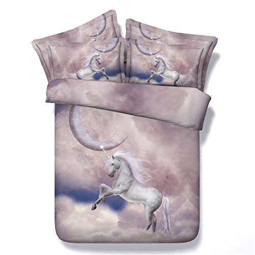 100% Cotton 3D Pegasus Constellation White Unicorn Horse Kids Bedding Sets No Comforter ,Full Size 4PC (1x Duvet Cover + 2x Pillowcase+ 1x Bed Sheet)